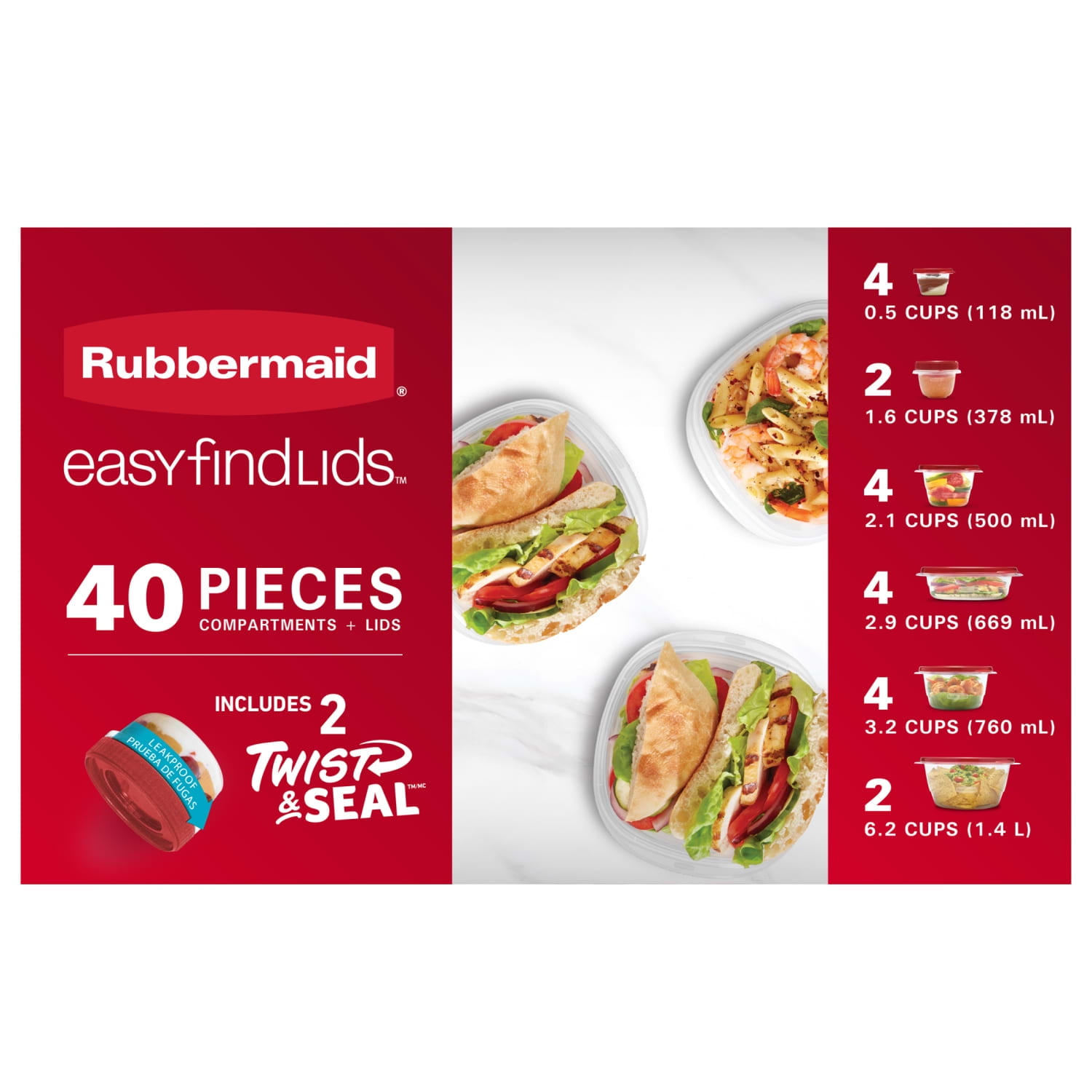Rubbermaid TakeAlongs 40 Piece Food Storage Set, Red, Total of 12.6 Qts - Walmart.com
