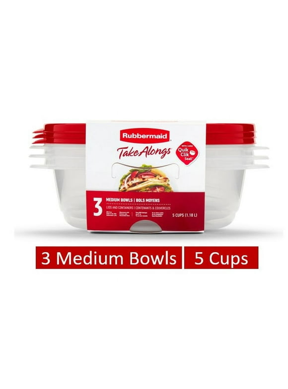 Rubbermaid TakeAlongs, 5 Cup, Set of 3, Red, Medium Bowls Plastic Food Storage Containers