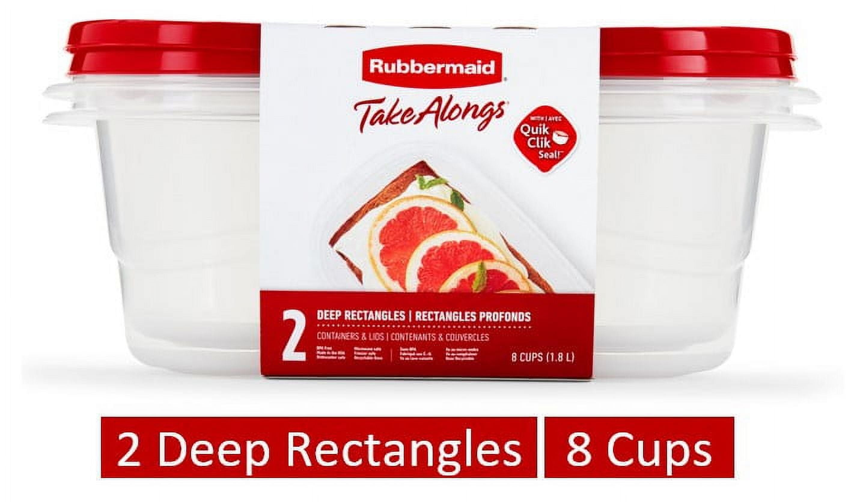 Rubbermaid TakeAlongs, 8 Cups, 2 Packs, Red, Plastic Deep Rectangle Food Storage Containers