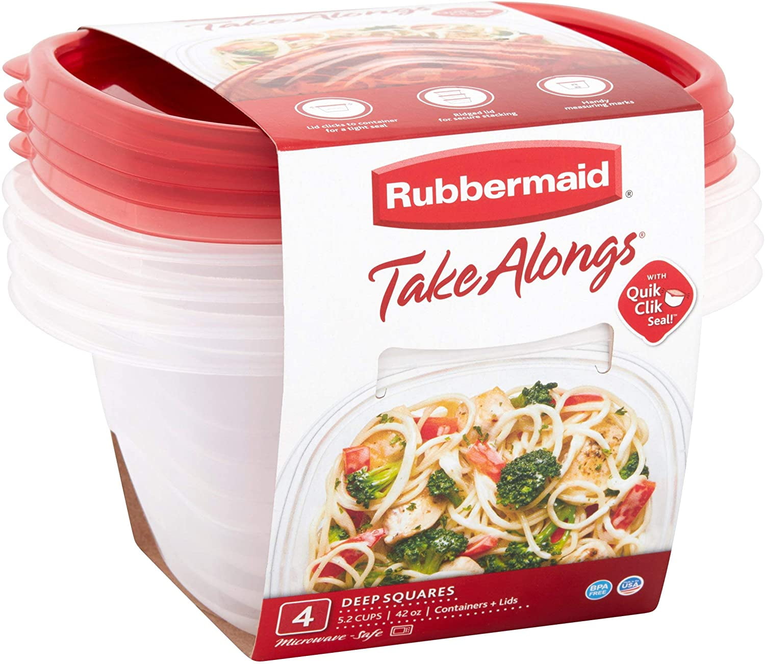 Rubbermaid TakeAlongs Deep Square Food Storage Containers, 5.2 cups, 8 pack (4 lids + 4 containers)