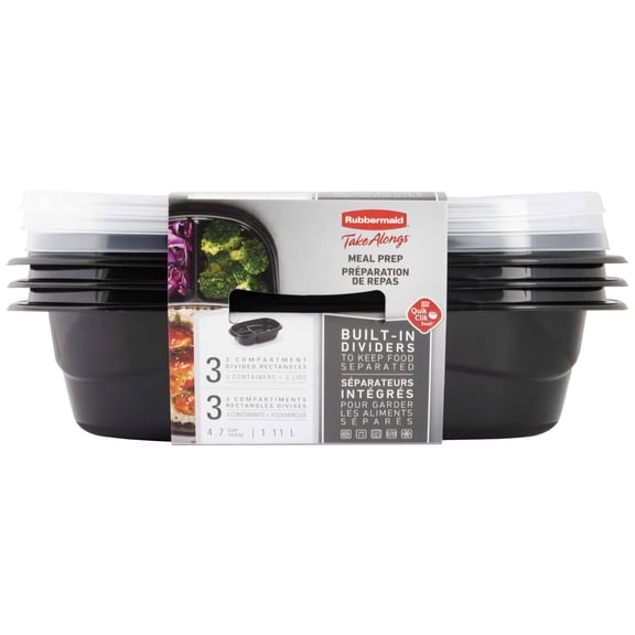 Rubbermaid TakeAlongs Divided Meal Prep Containers, 556 mL (2.35 Cup), Black, 3 Pack