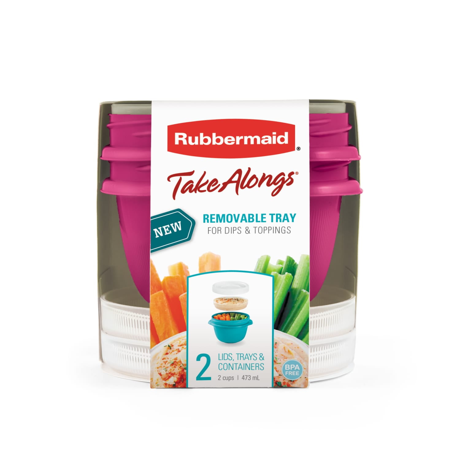 Rubbermaid TakeAlongs On the Go Food Storage and Meal Prep Containers, 2.0 Cup Twist & Seal Containers for Snacks and Sides with Removable Dip Tray, 2-Pack, Teal Splash/Marine Blue (Colors May Vary)