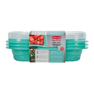 Rubbermaid TakeAlongs On the Go Food Storage and Meal Prep Containers, 3.7 Cup Divided Rectangle, 3-Pack, Teal Splash