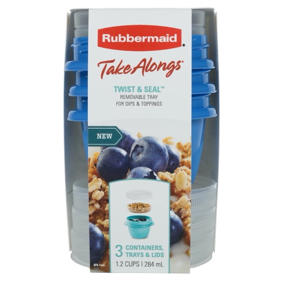 Rubbermaid TakeAlongs On the Go Food Storage and Meal Prep Containers, 1.2 Cup Snack Containers with Twist & Seal Lids, 3-Pack, Teal Splash/Marine Blue (Colors May Vary)