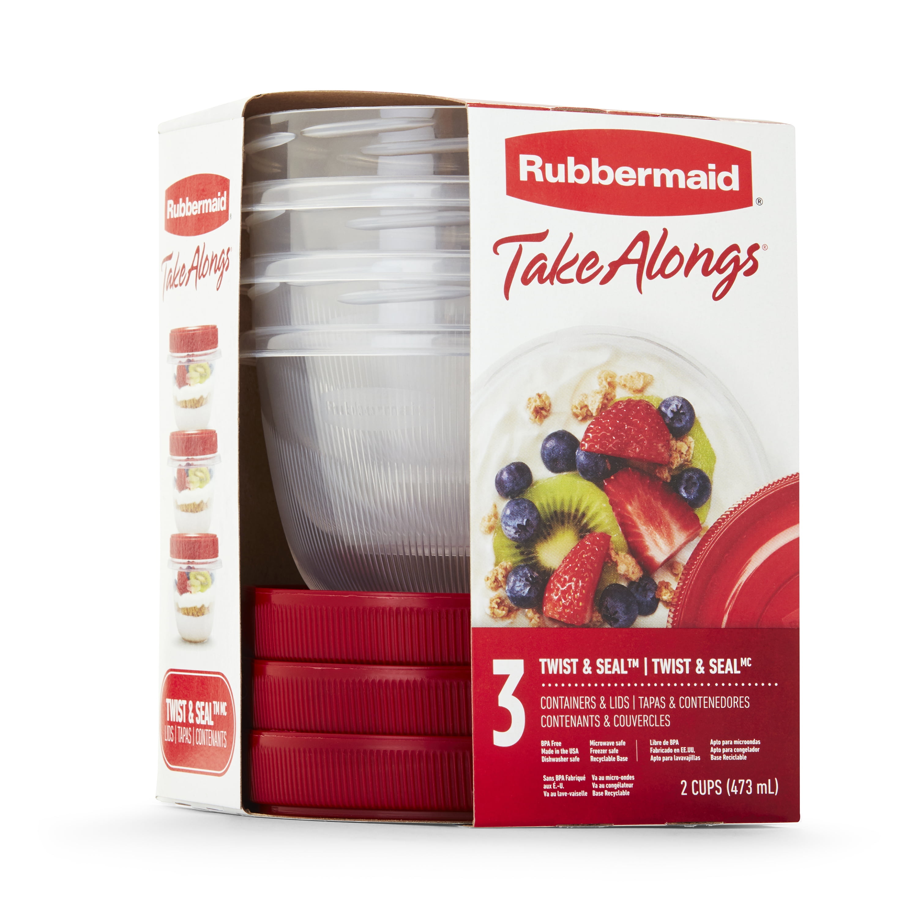 Rubbermaid TakeAlongs Twist & Seal 2.1 Cup Food Storage Containers, Red, 3 Pack