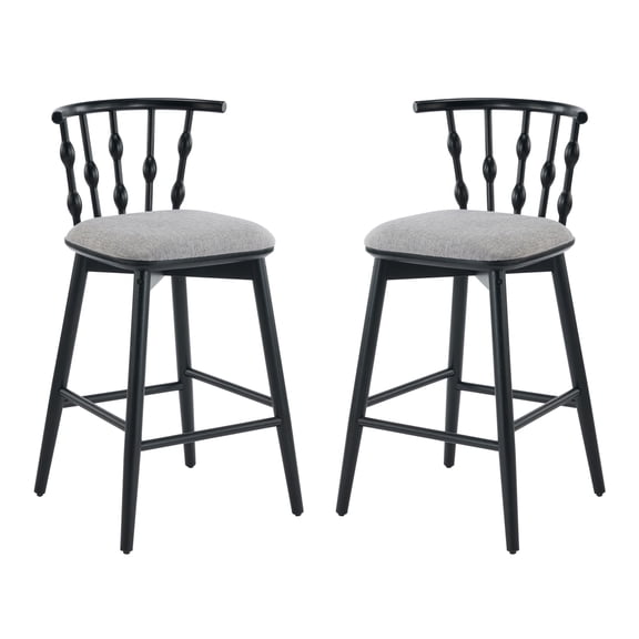 Rubberwood Bar Stools Set Of 2 With Hourglass Backrest Grey Fabric Upholstery Modern-Traditional Design For Kitchen Island Home Bar