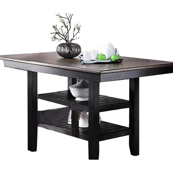 Rubberwood Counter Height Dining Table, Dark Coffee Color, 2 Shelf Storage, Contemporary Room Setup Table With Finish And Shelves, Modern Essentials