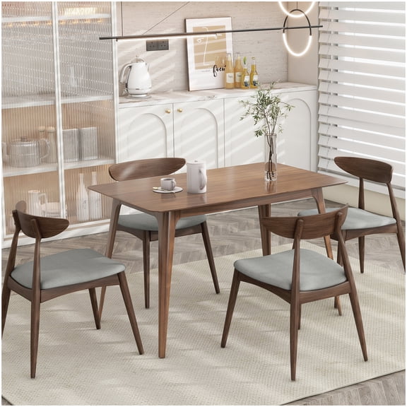 Rubberwood Dining Set with Upholstered Chairs, 5-Pc Kitchen Table Set in Walnut and Gray
