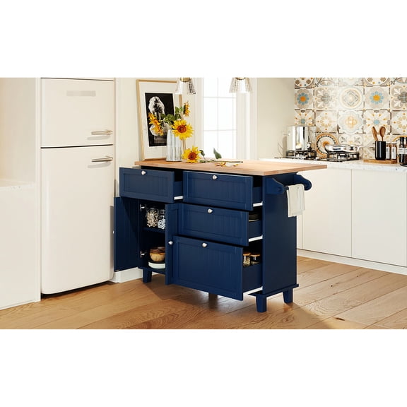 Rubberwood Material Island - Large Countertop with Fold Function - Kitchen Island Dining - Spacious Cabinet Storage