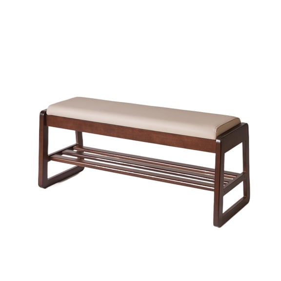 Rubberwood Shoe Bench with Padded Leather Seat for Hallway Foyer