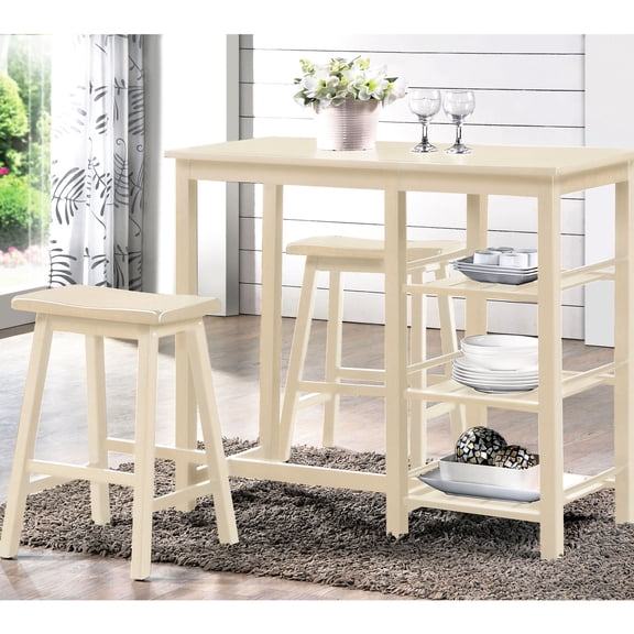 Rubberwood table and stools, 3 - piece set | Good for storing books in a small balcony dining setup | Provides a comfortable and durable seating solution