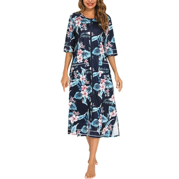 Rubehoow Women's Half Sleeve ZIpper Front Sleepwear Robe & Bathrobe, Blue