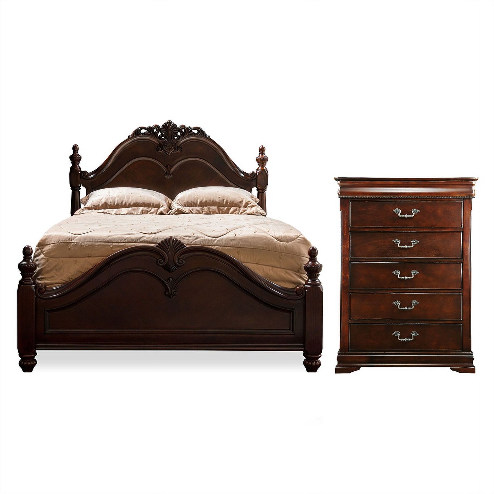 Ruben 2-Piece Cherry Wood Queen Poster Bed and 5-Drawer Chest Set - image 1 of 13