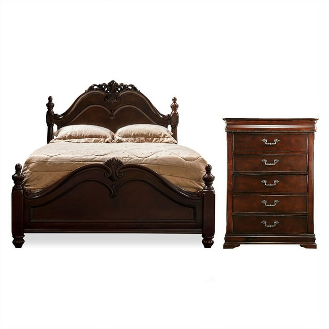 Ruben 2-Piece Cherry Wood Queen Poster Bed and 5-Drawer Chest Set