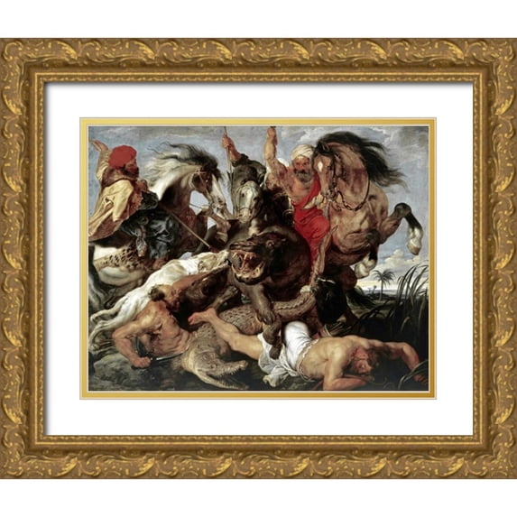 Rubens, Peter Paul 14x12 Gold Ornate Wood Framed with Double Matting Museum Art Print Titled - Hippo Hunt