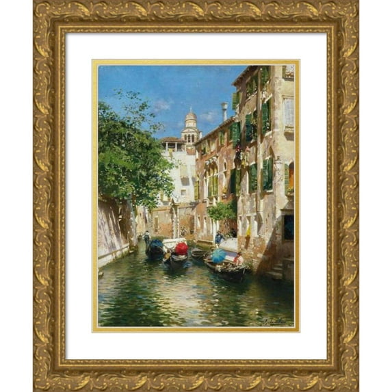Rubens Santoro 15x18 Gold Ornate Wood Frame and Double Matted Museum Art Print Titled - Gondoliers on a Venetian Canal