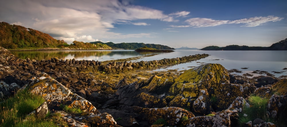 Rubha Fionnar shore at sunset Scottish Highlands Scotland Canvas Art - Panoramic Images (7 x 15)