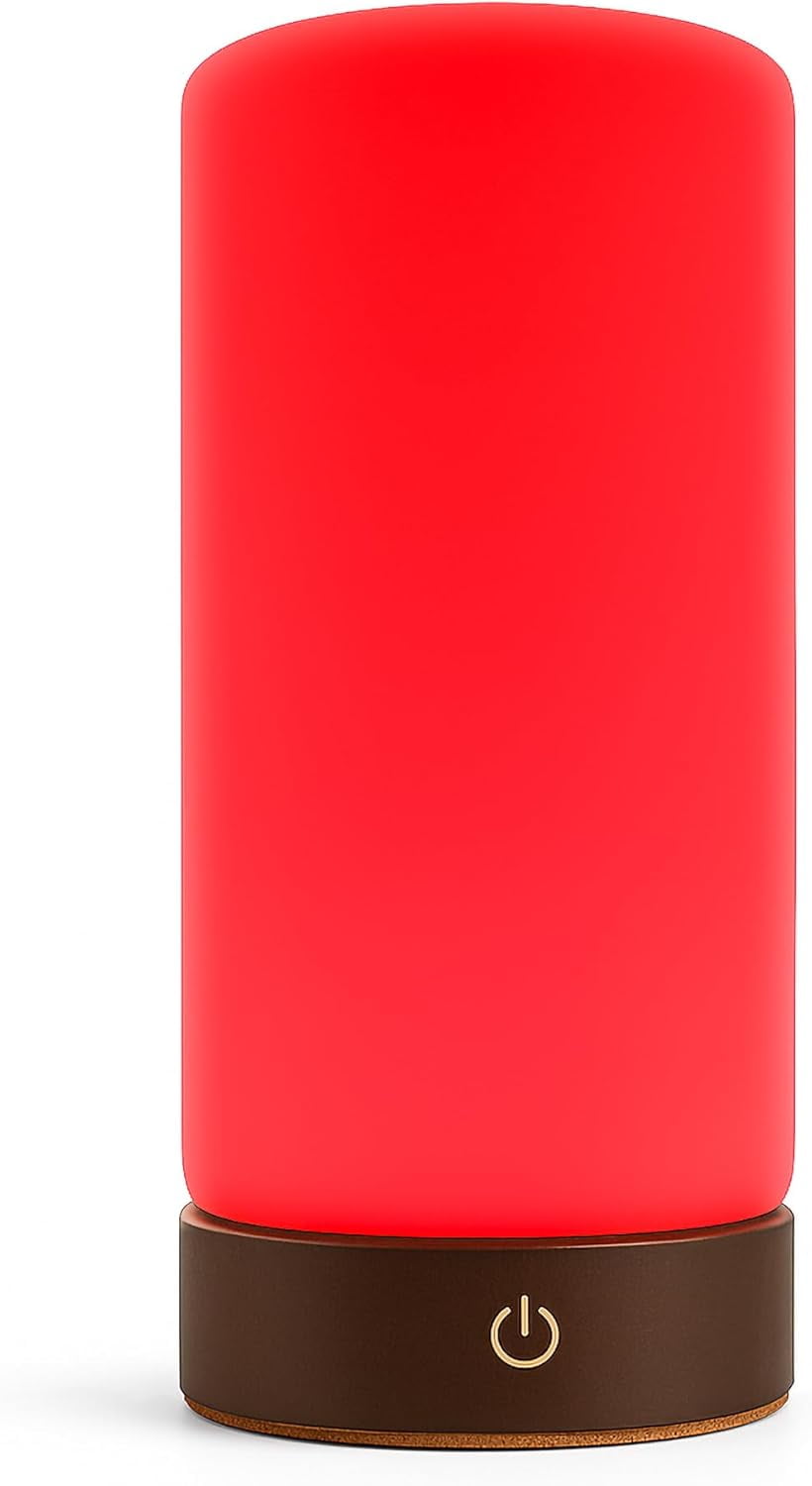 Rubi Red Light Therapy Lamp 670nm Wavelength for Natural Sleep, Relaxation & Wellness | Adjustable Brightness for Bedroom Light | Elegant Glass & Wood Design | One-Touch Lamp Switch