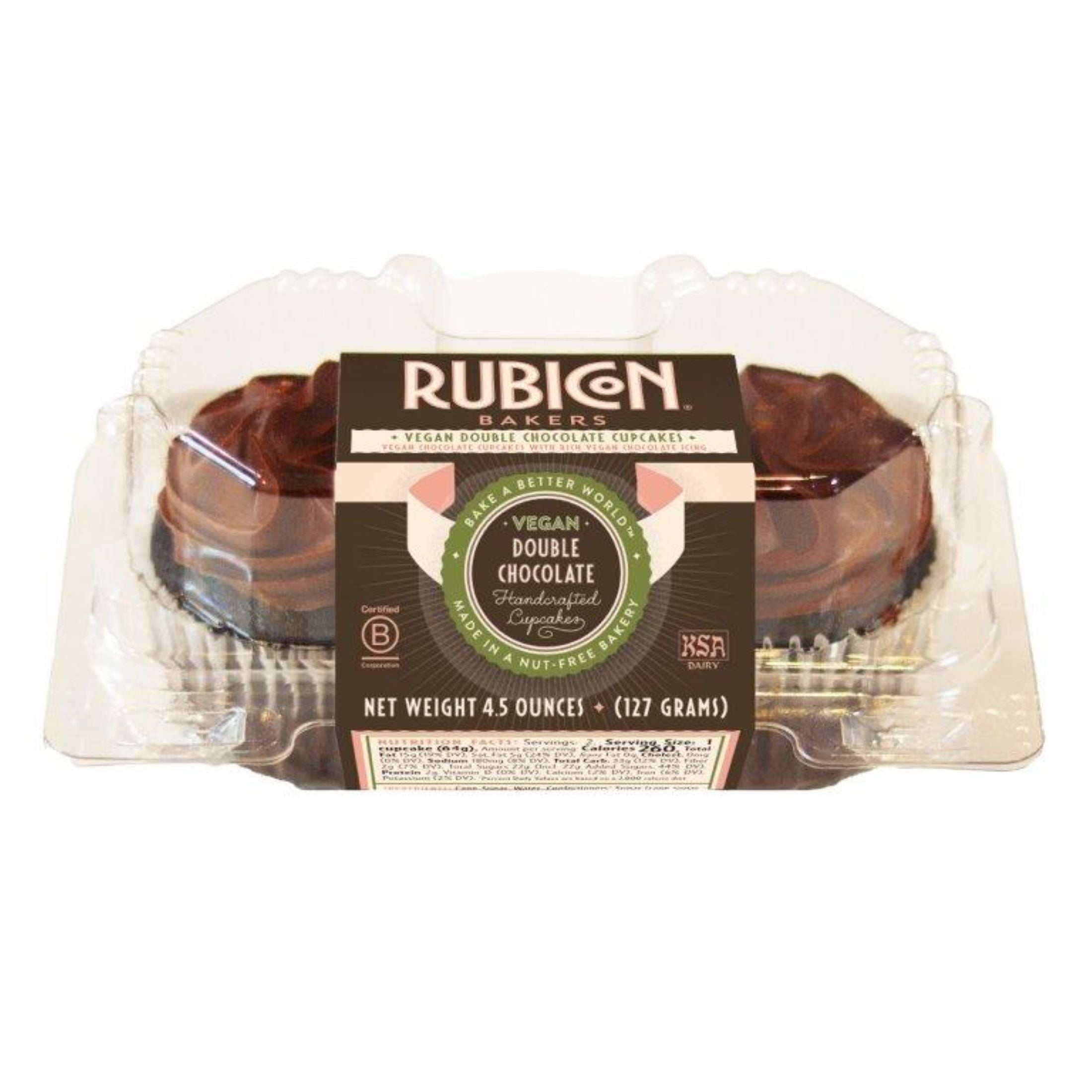Rubicon Bakers, Vegan Double Chocolate Cupcake, Vegan Chocolate Icing, 2 Count, Grab and Go Tray