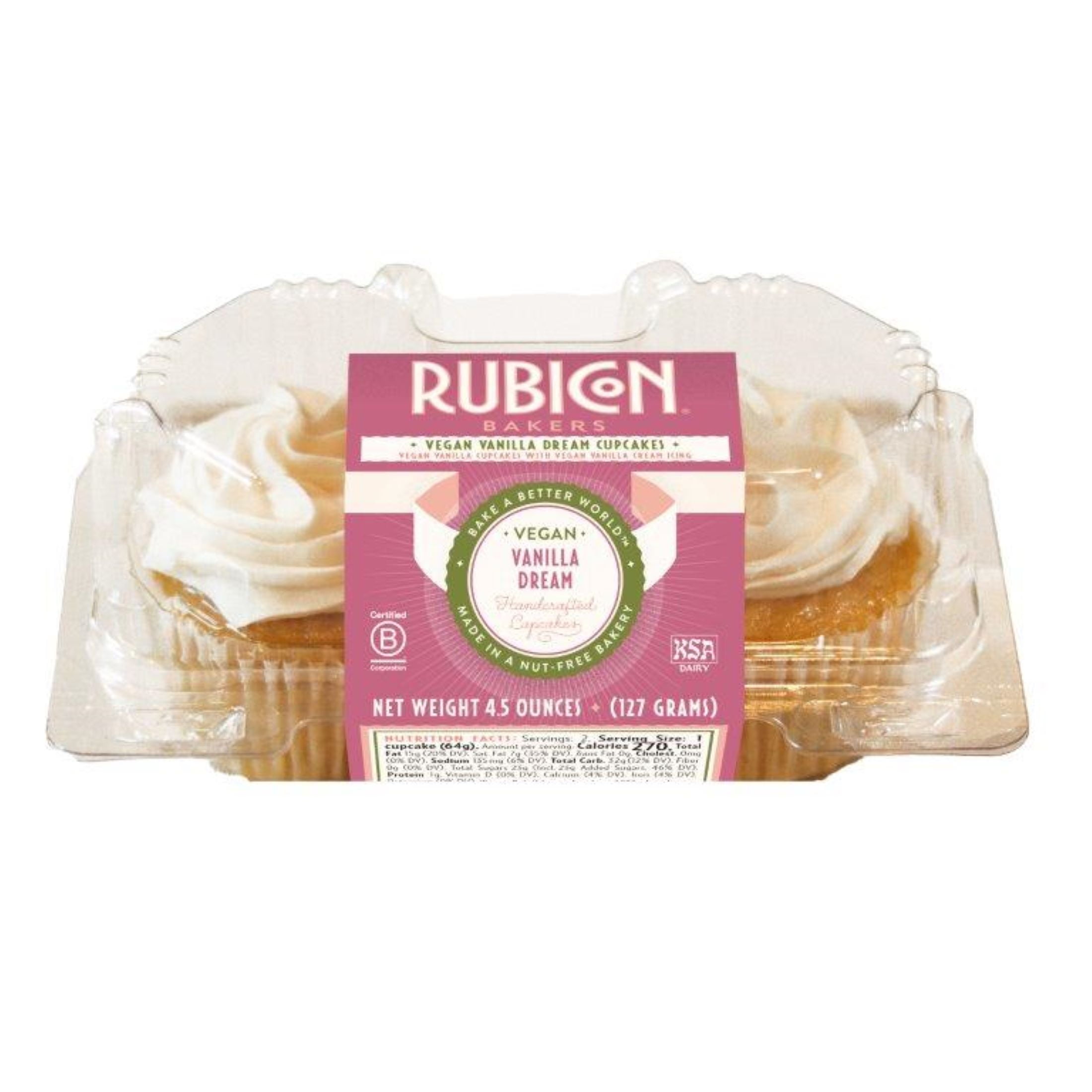 Rubicon Bakers, Vegan Vanilla Dream Cupcakes, 2 Count, Baked, Frozen, clamshell