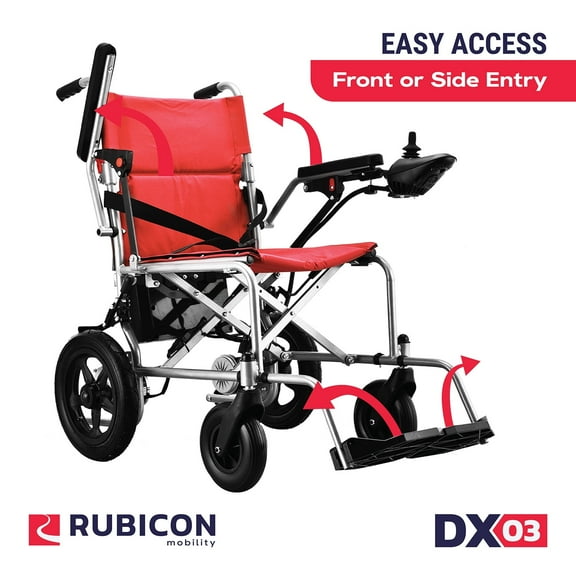 Rubicon DX03 Lightweight Foldable Electric Wheelchair for Seniors, 40 lbs Portable Power Chair with 500W Motor, 12 Mile Range, Airline Approved, Detachable Battery, Red