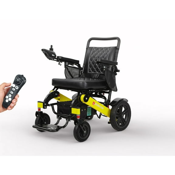 Rubicon DX14 Electric Wheelchair, Foldable Lightweight Power Chair with Dual 12AH Lithium Batteries, 2x300W Motors, 30 Mile Range, Airline Approved, Leather Cushion, Yellow