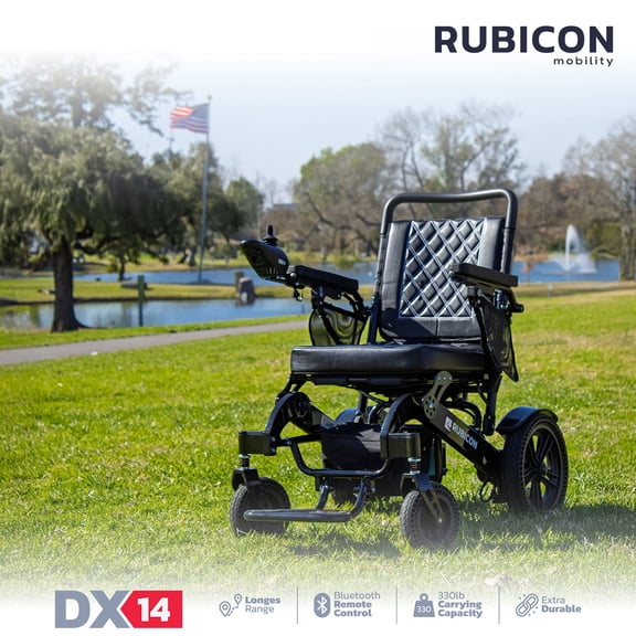 Rubicon DX14 - Longest Range 30 Miles, Airline Approved Electric Wheelchair, Dual 12AH Lithium Batteries, 2x300W Motors, Leather Cushion, Foldable, Lightweight & Powerful_Black