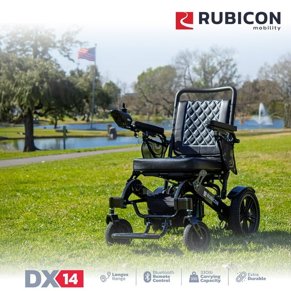 Rubicon DX14 - Longest Range 30 Miles, Airline Approved Electric Wheelchair, Dual 12AH Lithium Batteries, 2x300W Motors, Leather Cushion, Foldable, Lightweight & Powerful_Black