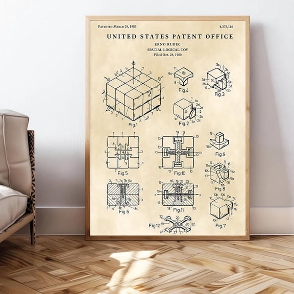 Rubik'S Cube Patent Poster 1983 Retro Stem Wall Art Home Decor, 16x24 UNFRAMED