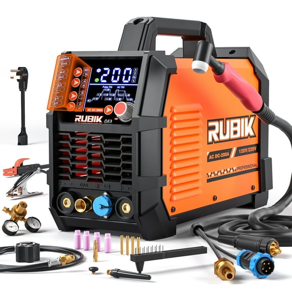 Rubik TIG Welder AC/DC 200Amp with Pulse, Aluminum TIG Welder 110V/220V with MMA STICK/TIG/AC/DC Pulse TlG 6 in 1 MultiProcess Welding Machine
