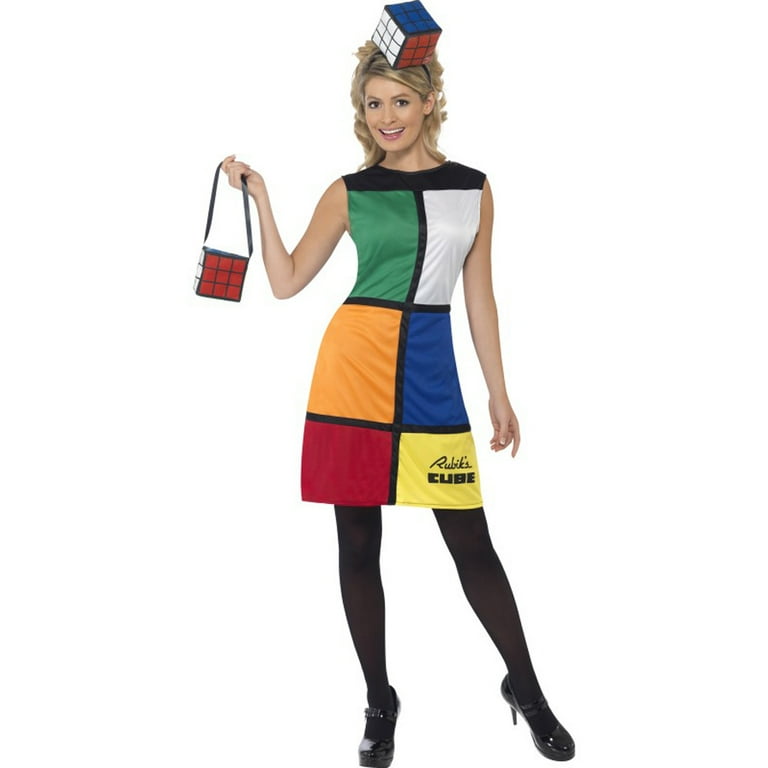 80s Rubiks Cube Costume Adult Multi Coloured Dress Bag Headband 80s Rubiks Cube Costume Adult Multi Coloured Dress Bag Headband