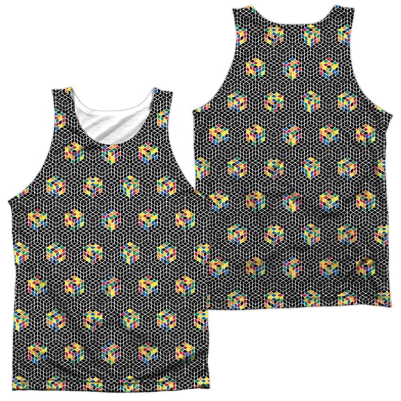 Rubik's Cube Hand Puzzle Game B&W Cube Pattern Front/Back Print Tank Top Shirt