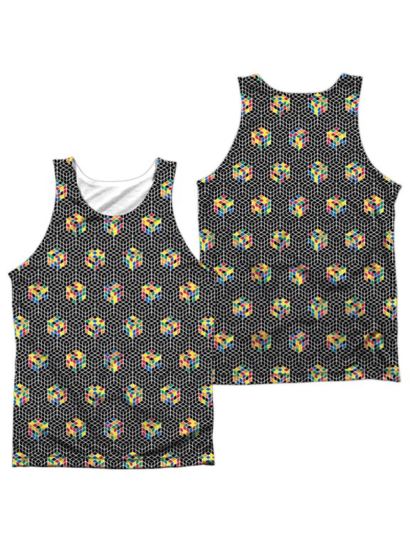 Rubik's Cube Hand Puzzle Game B&W Cube Pattern Front/Back Print Tank Top Shirt