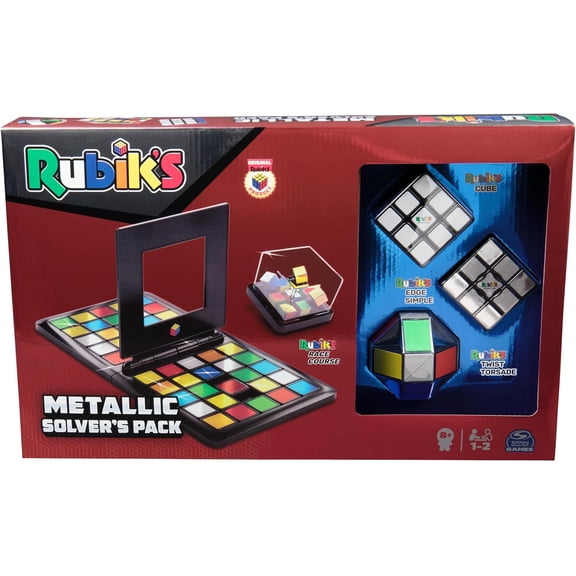 Rubiks Metallic Solvers Pack, Rubiks Cube Edge Twist Race Game in Metallic Finish 3D Puzzle Brain Teaser Retro Fidget Toy Board Game, for Ages 8+