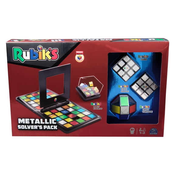 Rubiks Metallic Solvers Pack, Rubiks Cube Edge Twist Race Game in Metallic Finish 3D Puzzle Brain Teaser Retro Fidget Toy Board Game, for Ages 8+