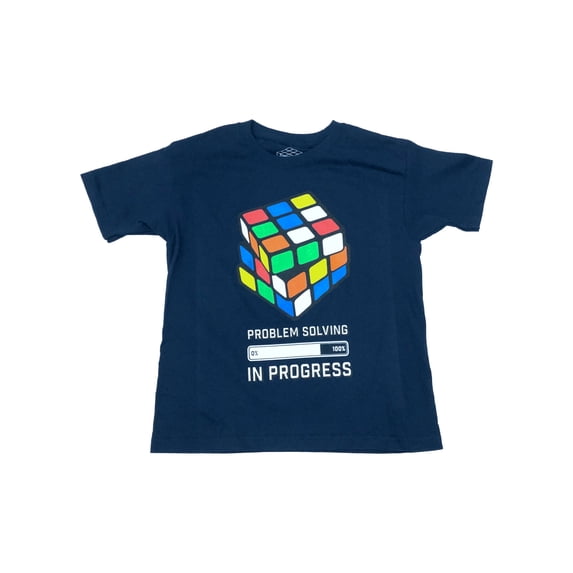 Rubiks Cube Boys Blue Short Sleeve Problem Solving in Progress Tee Shirt 4