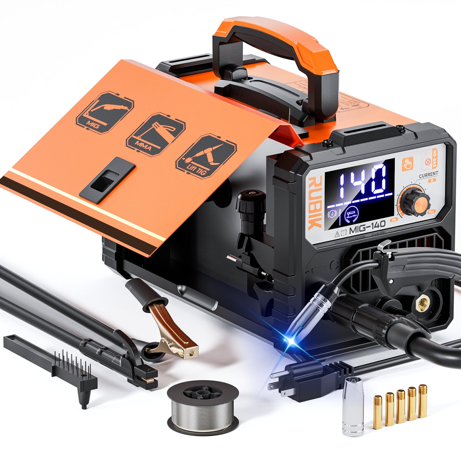 Rubik 140A MIG Welder, 110V Flux Core MIG Welder/Lift TIG/Stick 3 in 1 Welding Machine with Synergy, IGBT Inverter Portable Gasless Welder Equipment with Welding Gun and 1LB Welding Wire