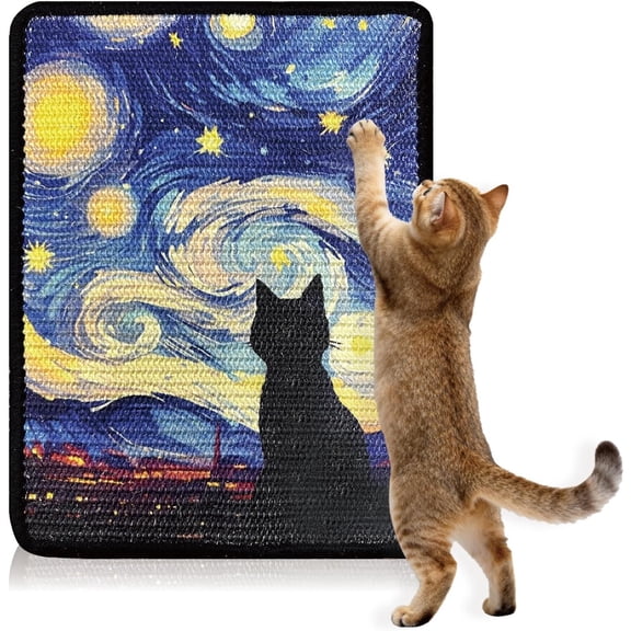 Rubinzhi Art Cat Scratcher, Wall Mounted Sisal Scratch Pad Furniture Protector, Carpet Scat Nail File Toy with Adhesive Tape, Starry Sky