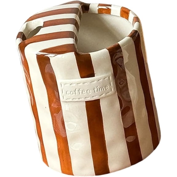 Rubinzhi Ceramic Mug with Sip Hole, Artsy Vintage Striped Painted Coffee Cup, Hand-Painted Porcelain Ceramic, Brown