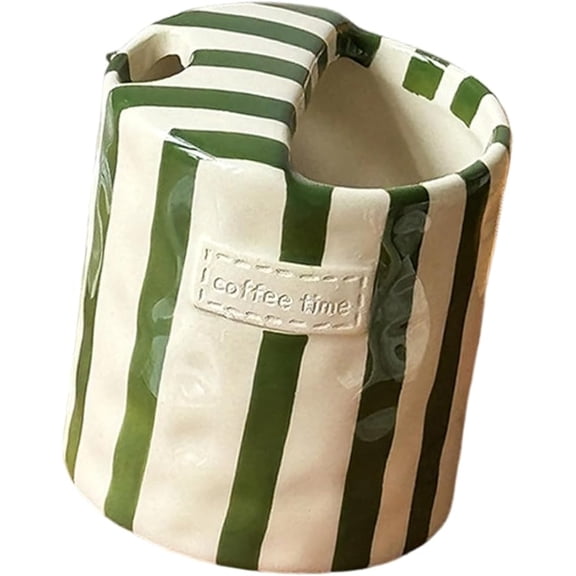 Rubinzhi Ceramic Mug with Sip Hole, Artsy Vintage Striped Painted Coffee Cup, Hand-Painted Porcelain Ceramic, Green