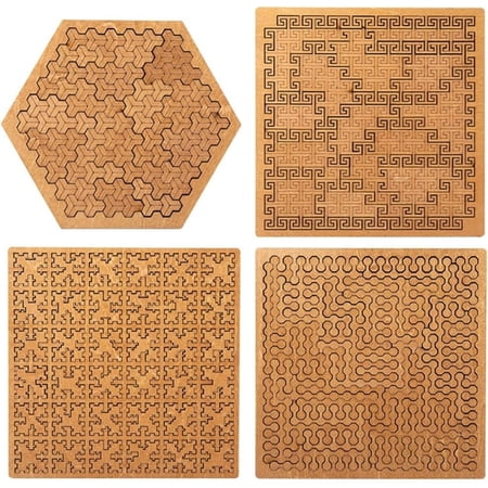 Rubinzhi Fractal Tray Puzzles Extreme Difficult Reverse Thinking Wooden Brain Jigsaw Challenge Game Unique Irregular for Adults(4pcs-Mix)