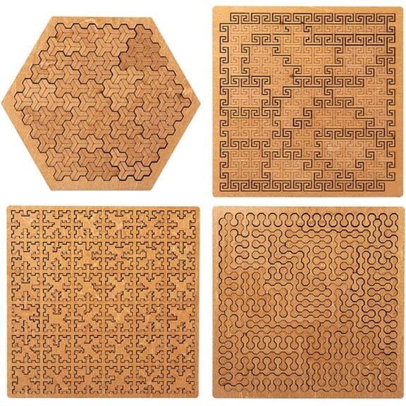 Rubinzhi Fractal Tray Puzzles Extreme Difficult Reverse Thinking Wooden Brain Jigsaw Challenge Game Unique Irregular for Adults4pcs-Mix