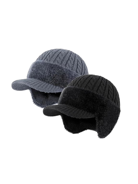 Torocky Cold Shield Trapper Hat Winter Warm Knitted Caps Beanie with Brim And Ear Flaps for Men(2pcs Grey and Black)