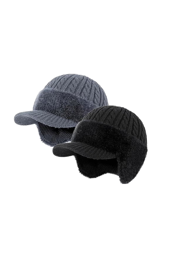 Torocky Cold Shield Trapper Hat Winter Warm Knitted Caps Beanie with Brim And Ear Flaps for Men2pcs Grey and Black