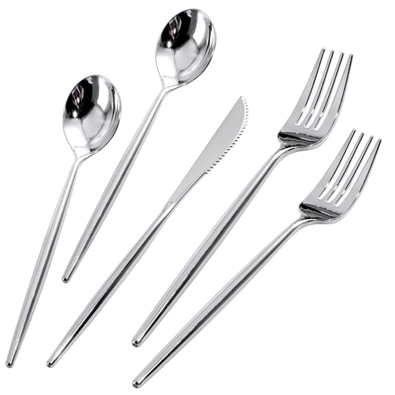 Rubtlamp 180 Pcs Silver Plastic Silverware, Silver Utensils Heavy Duty, Elegant Plastic Cutlery, Fancy Disposable Flatware, Forks Spoons and Knives Set For Party Mother's Day A101