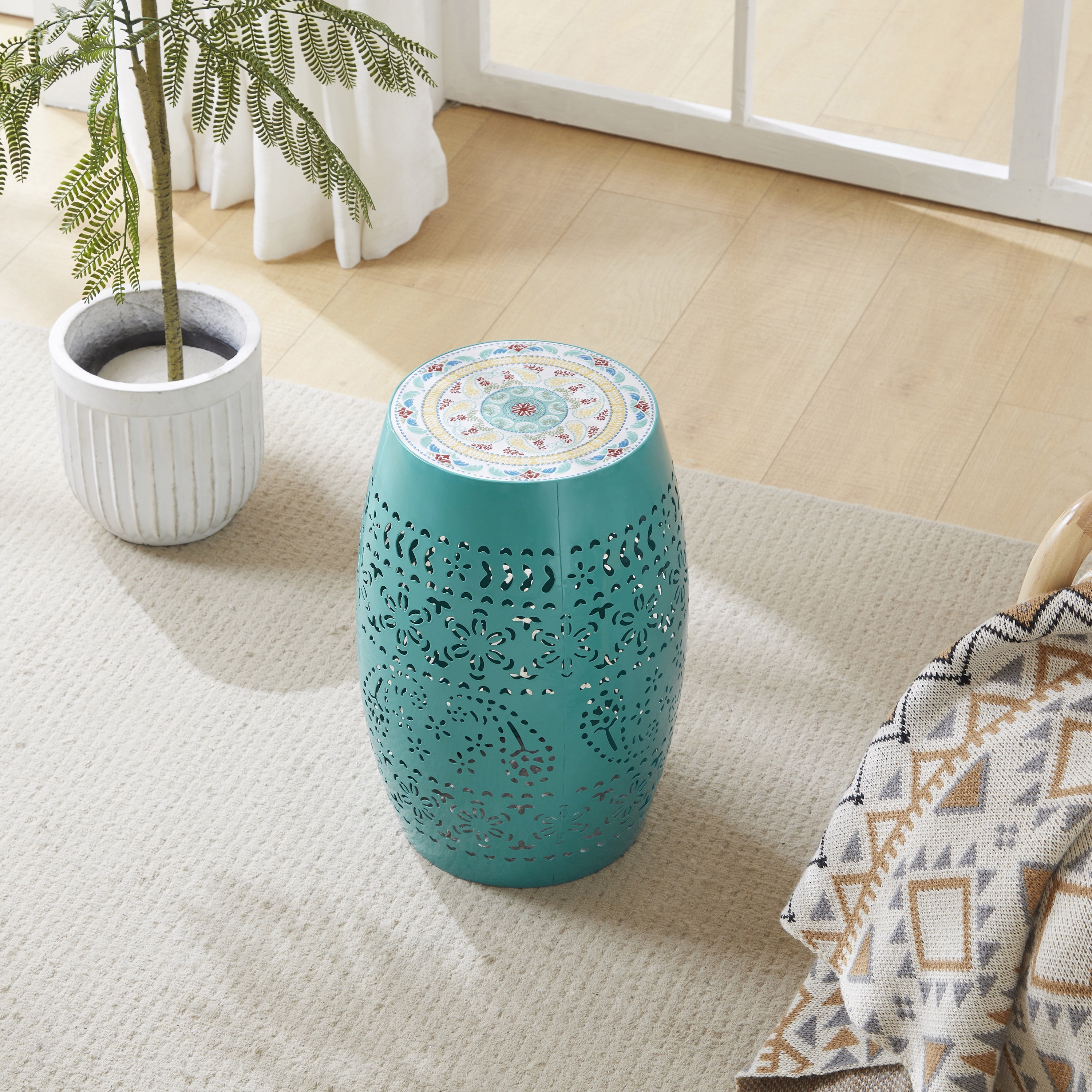 Turquoise pierced metal solar stool hotsell