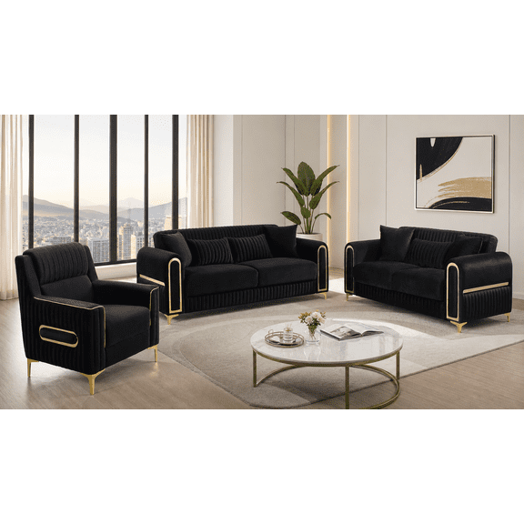Ruby 3-Piece Modern Upholstered Living Room Set, Black Sofa Loveseat and Chair with Solid Birch Wood Frame, Pocket Coil Seating and Gold Stainless Steel Legs