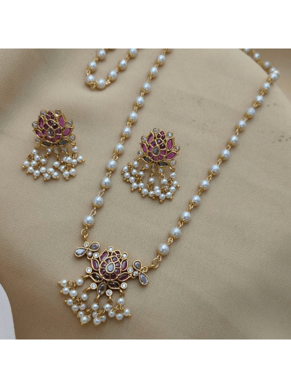 Ruby American Diamond CZ Short Necklace with Stud Earrings and Jhumka, Indian Pearl Necklace, South Indian Bollywood Jewelry