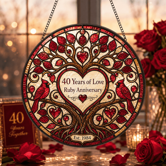 Ruby Anniversary Tree of Life Stained Glass Suncatcher Window Hanging for 40th Anniversary Gift