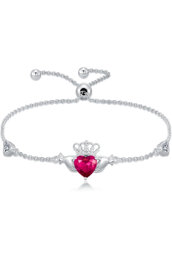 Ruby Birthstone Claddagh Bracelet 925 Sterling Silver Irish Claddagh Bracelet with July Heart Birthstone Irish Good Luck Jewelry Gifts for Women